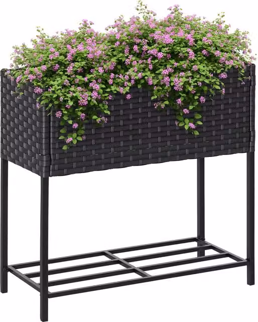Fioriera da giardino rialzata Outsunny con ripiano in effetto vimini, grigio, L: 70 cm, P: 30 cm, H: 72 cm