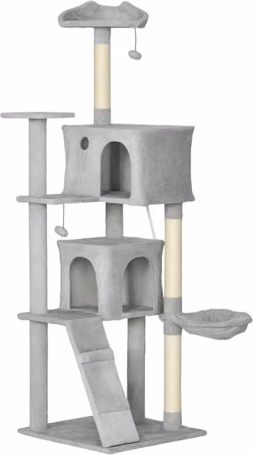 Albero tiragraffi PawHut per gatti con amaca, piattaforme e graffiatoi in sisal, grigio, L/P/H: 56 x 56 x 180 cm