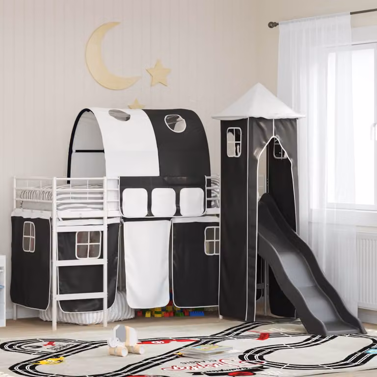 Letto a castello per bambini vidaXL in metallo con struttura a casetta, Bianco, Blu e Nero, L/P/H: 190 x 90 x 194 cm
