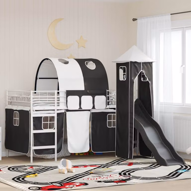 Letto a castello per bambini vidaXL in metallo con struttura a casetta e scala, Bianco, Nero e Blu, L: 205 cm, P: 112 cm, H: 116 cm