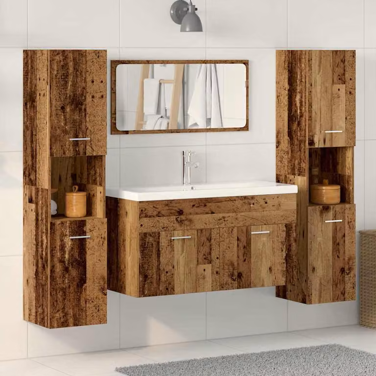Set di mobili da bagno vidaXL 4 pezzi in stile classico color marrone con mobile lavabo, armadietto con specchio e pensili in legno e vetro