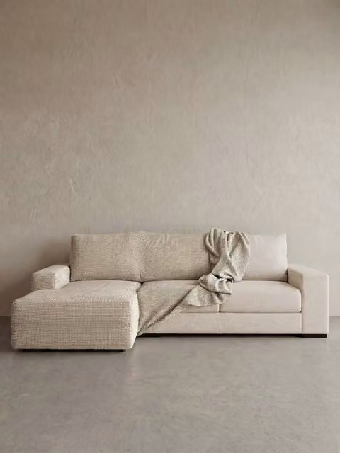 Fodera per divano chaise longue Coven Kenay Home, modello dual con bracciolo corto a sinistra, tessuto jacquard a righe, colore grigio, bianco e beige, Larghezza: 290 cm