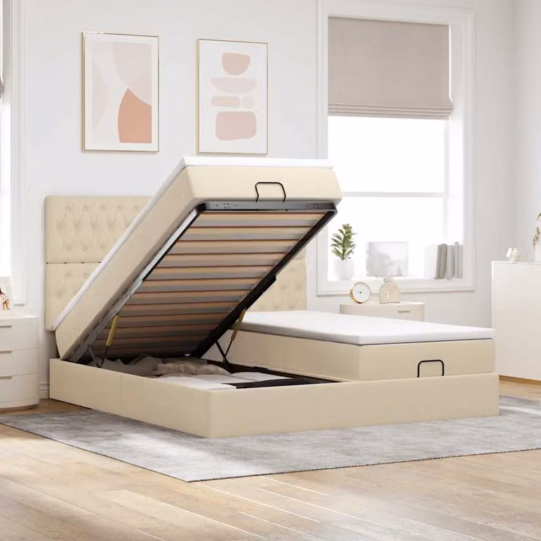 Letto con contenitore e materasso vidaXL in tessuto beige e bianco, con base a sollevamento, illuminazione sottostante e porta di ricarica USB, L: 200 cm, P: 200 cm, H: 280 cm