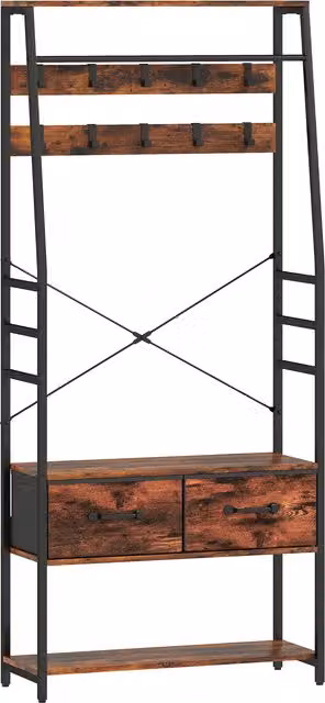Mobile d'ingresso 6 in 1 HOMCOM con appendiabiti, mensola, 2 cassetti e 10 ganci, marrone rustico, L: 80 cm, P: 30 cm, H: 180 cm