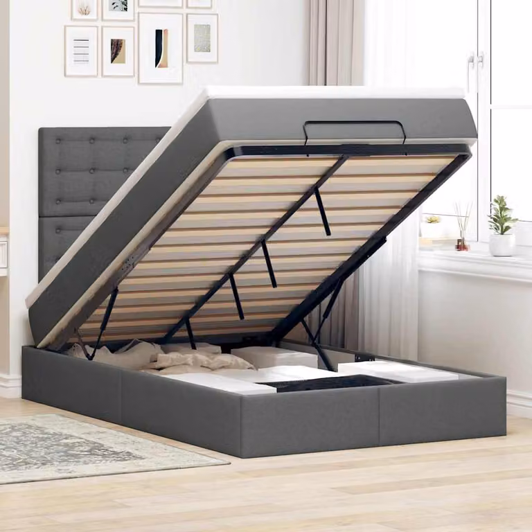 Letto con contenitore a sollevamento e materasso vidaXL in tessuto grigio e bianco, L: 200 cm, P: 120 cm, H: 280 cm