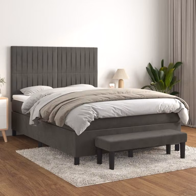 vidaXL Letto Ibrido con Giroletto a Molle e Materasso in Velluto Grigio e Bianco L/P/H: 190 x 140 x 128 cm