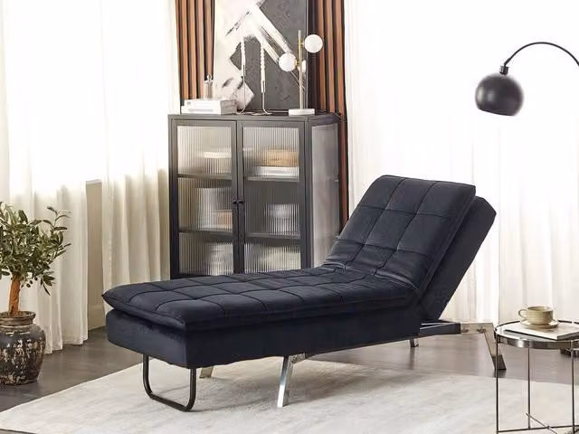 Chaise Longue BELIANI in Velluto Nero con Poggiapiedi Regolabile e Riposo Modulare L/P/H: 179 x 76 x 93 cm