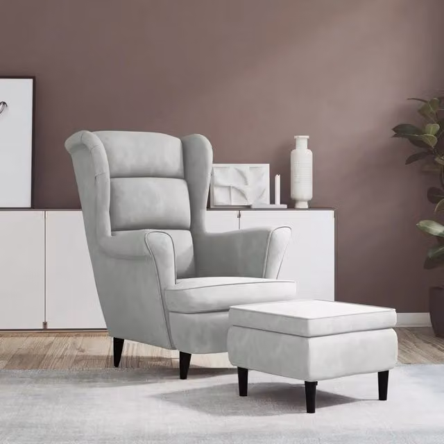 Poltrona con Schienale ad Ala e Poggiapiedi vidaXL in Velluto Grigio Chiaro con Struttura in Legno e Imbottitura in Schiuma L/P/H: 96.5 x 78.0 x 90.0 cm
