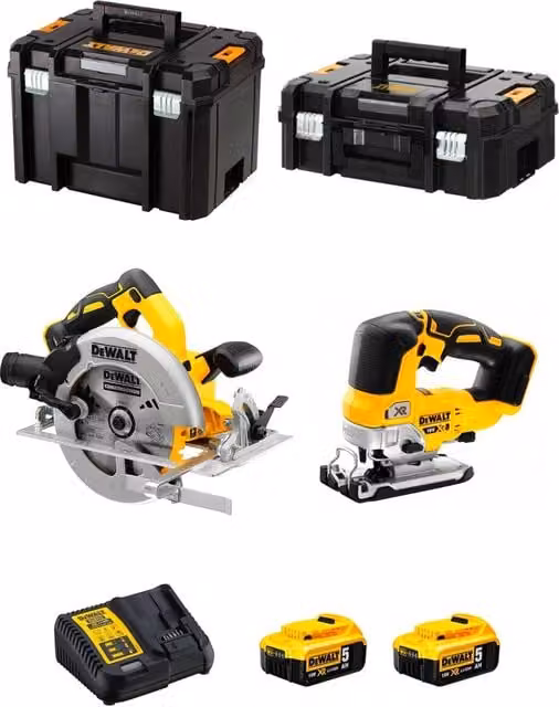Kit DeWALT DCS570 e DCS334 con 2 batterie da 5,0 Ah, caricabatterie DCB115 e contenitori TSTAK II e TSTAK VI, Giallo
