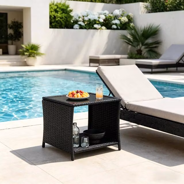 Tavolino da giardino Minimal in polyrattan grigio con spazio di archiviazione e piano in vetro, L 40 x P 40 x H 45 cm