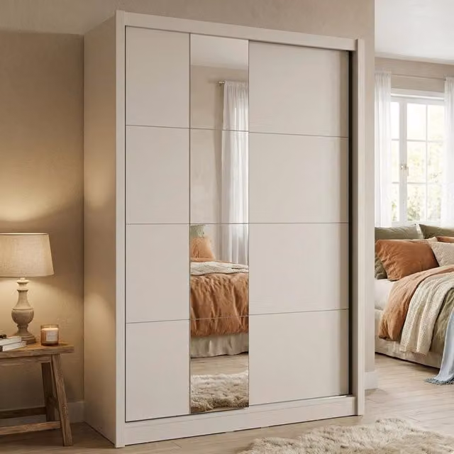 Armadio con ante scorrevoli DMORA per camera da letto, modello Carisolo, Bianco e Beige, L: 155 cm, H: 215.5 cm