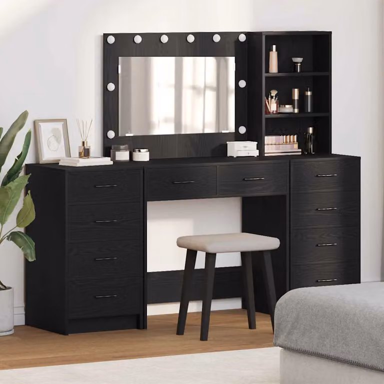Set da trucco vidaXL con specchio Hollywood LED in MDF nero e rovere, L 78,5 cm x P 41 cm x H 135 cm