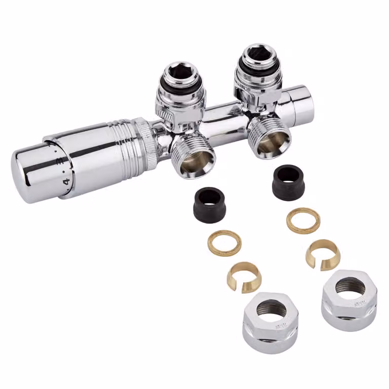 Valvole a Squadra Termostatiche HudsonReed in Ottone Cromato 3/4 con Testa Termostatica e Adattatori Ø15mm Rame