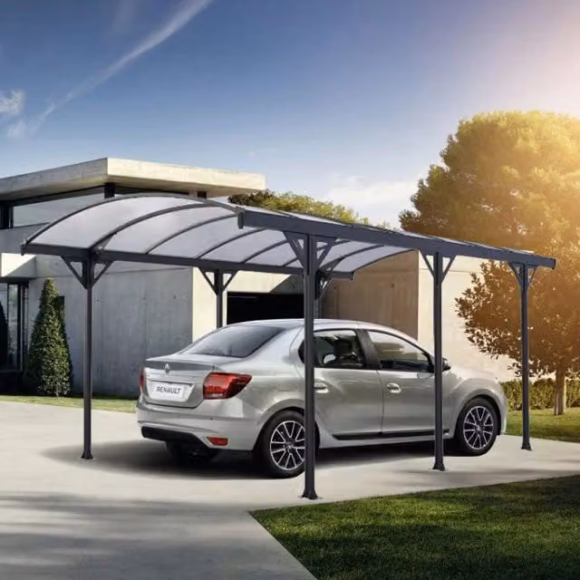 Carport moderno con copertura curva in alluminio e policarbonato grigio e trasparente, 15 m² (L: 5,08 m x P: 3,02 m x H: 2,00 m)