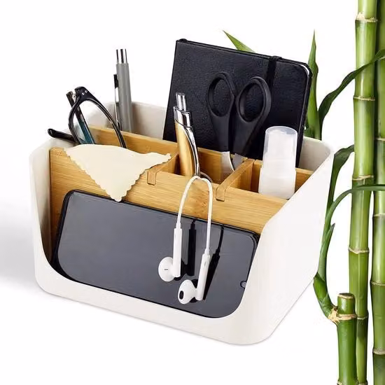 Organizzatore da scrivania multi-compartimento in bambù e plastica, colore bianco