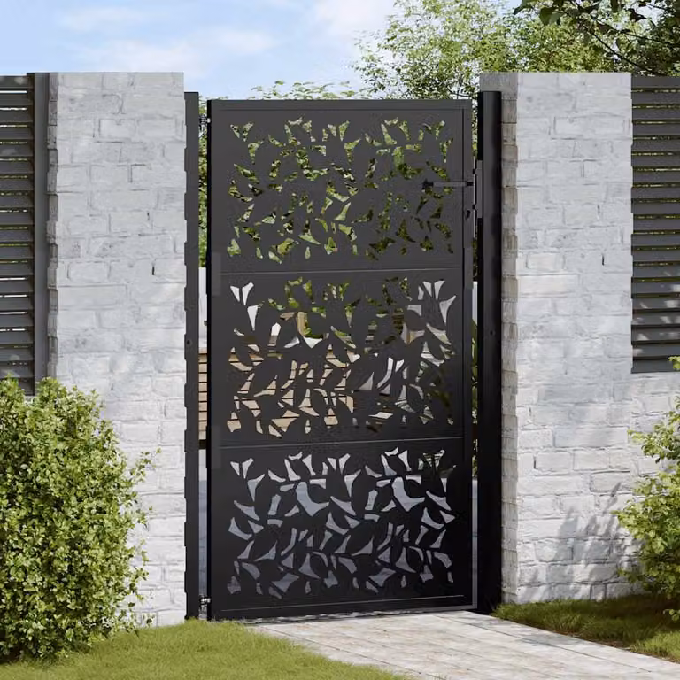 Cancello singolo da giardino vidaXL in acciaio nero con design a foglia L: 110 cm, H: 155 cm