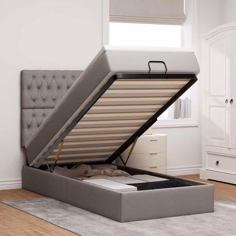 Letto con contenitore e materasso vidaXL in tessuto beige e grigio L 90 x P 190 x H 128 cm con base a sollevamento, illuminazione sottostante e porta USB