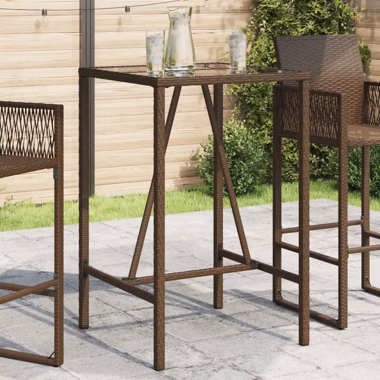 vidaXL Tavolo da bar moderno per esterno in polyrattan e vetro, marrone, L/P/H: 70 x 70 x 110 cm