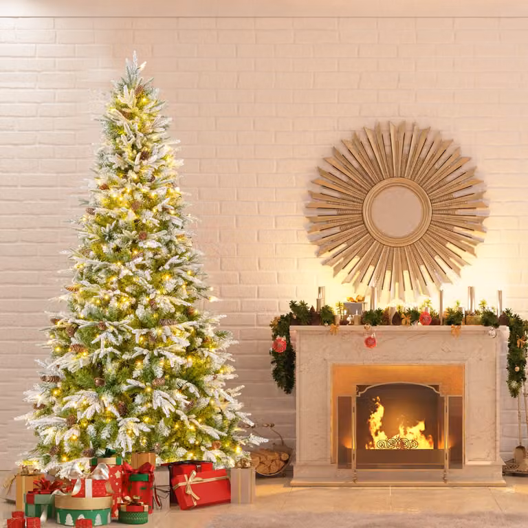 Albero di Natale artificiale Costway pre-luminoso con rami articolati e 1135 punte, effetto neve, colore verde e bianco, Altezza: 225 cm