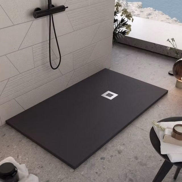 Piatto doccia rettangolare Olimpo Docce in marmoresina nero effetto pietra cemento, L: 140 cm, P: 100 cm