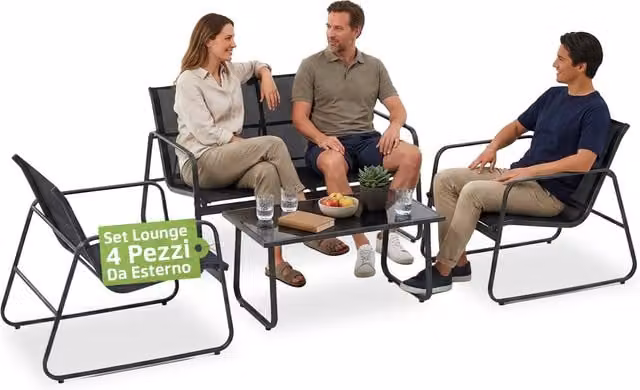 Set Lounge da Esterno Zendea 4 Pezzi con Divanetto, 2 Sedie e Tavolino in Acciaio Verniciato Nero e Textilene
