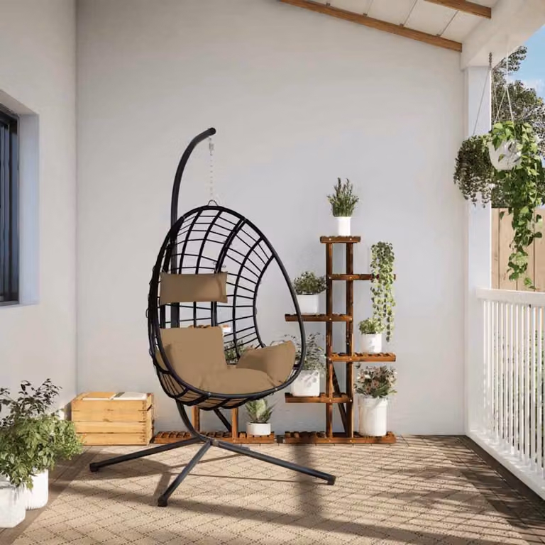 Sedia a uovo sospesa con supporto vidaXL in polyrattan e acciaio con cuscini inclusi, H 197 x L 104 x P 100 cm