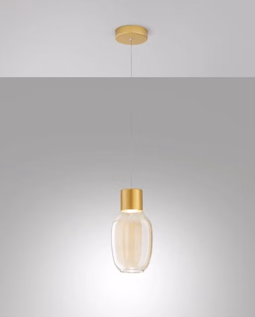 Lampada a Sospensione LED Lapo Fabas con Struttura in Metallo e Vetro Borosilicato, Dimmerabile, Colore Cognac e Trasparente, 12W 1300lm 3000K