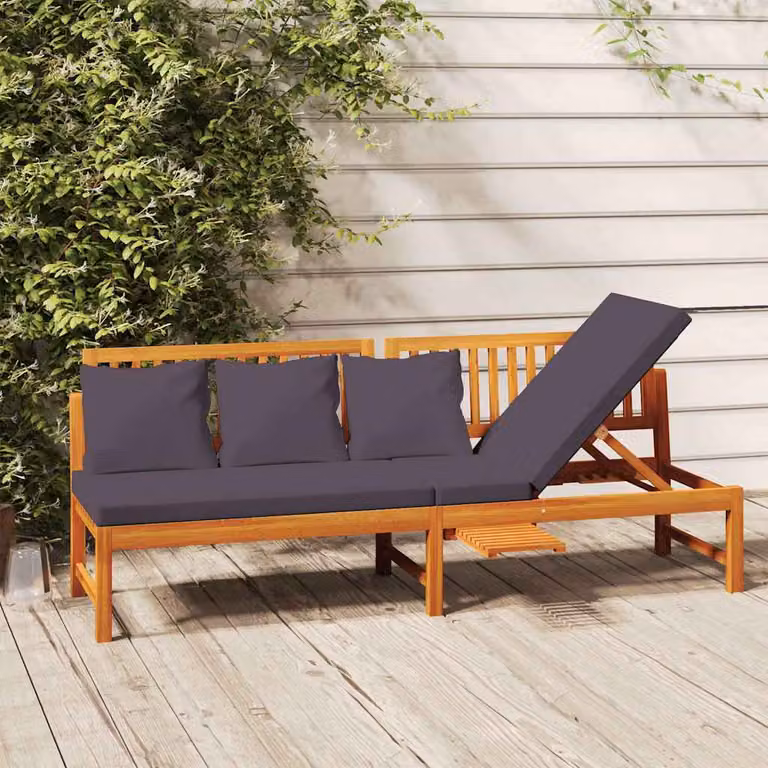 vidaXL Dormeuse con Cuscino in Legno di Acacia Oliato, Grigio e Marrone, L: 200 cm, P: 60 cm, H: 75 cm