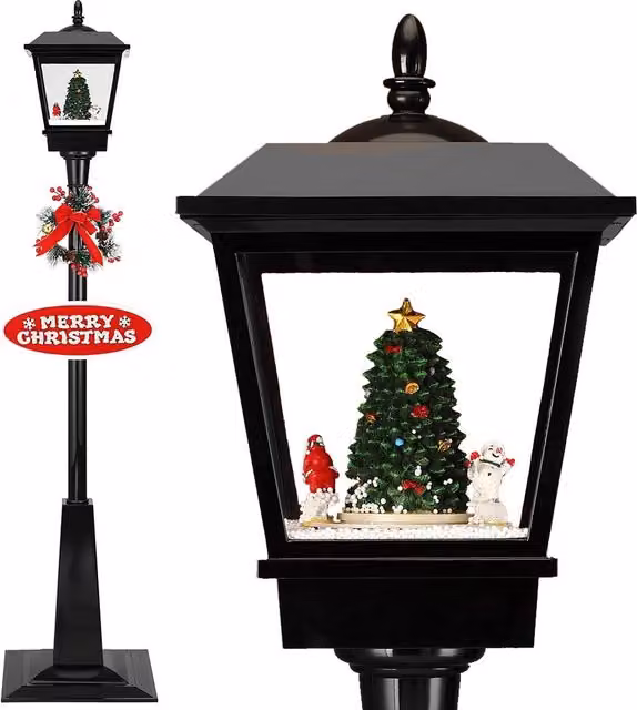 Lampione di Natale Bakaji con Luce LED e Scena Natalizia Motorizzata, Effetto Neve e Musica, Colore Nero, Altezza: 180 cm