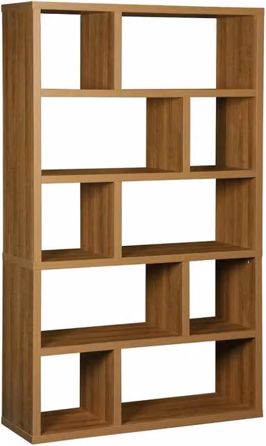 Libreria asimmetrica Basiks a 5 livelli con 10 scomparti, design moderno in MDF, colori bianco e marrone, H: 190 cm, L: 111,2 cm, P: 39 cm