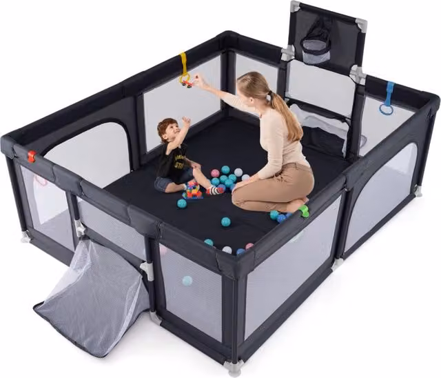Recinto da gioco pieghevole Design Mania per bambini con canestro da basket e rete traspirante, Grigio, L: 188 cm, P: 157 cm, H: 69 cm