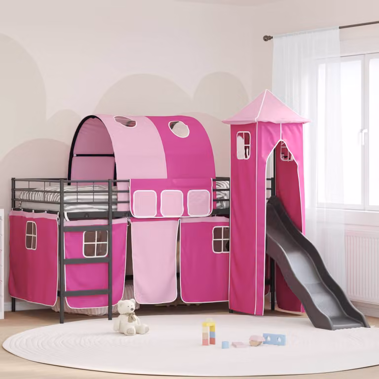 Letto a castello per bambini vidaXL in metallo con struttura a casetta, Nero, Rosa e Blu, L/P/H: 200 x 100 x 205 cm