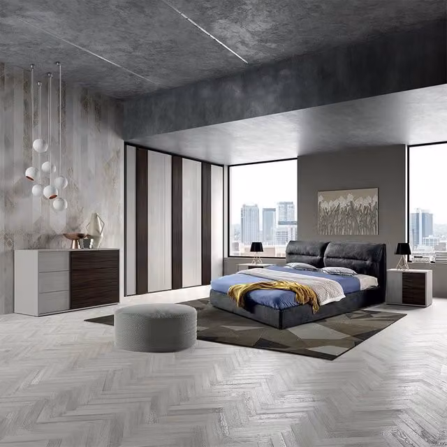 Set camera da letto moderna Cecilia in grigio frassino e noce scuro con contenitore a sollevamento e letto 160x200 cm