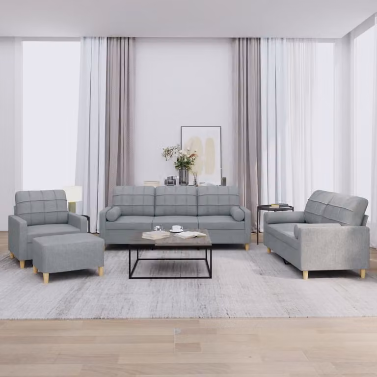 Set di Divani vidaXL 4 Pezzi Moderno in Tessuto Grigio con Cuscini e Pouf
