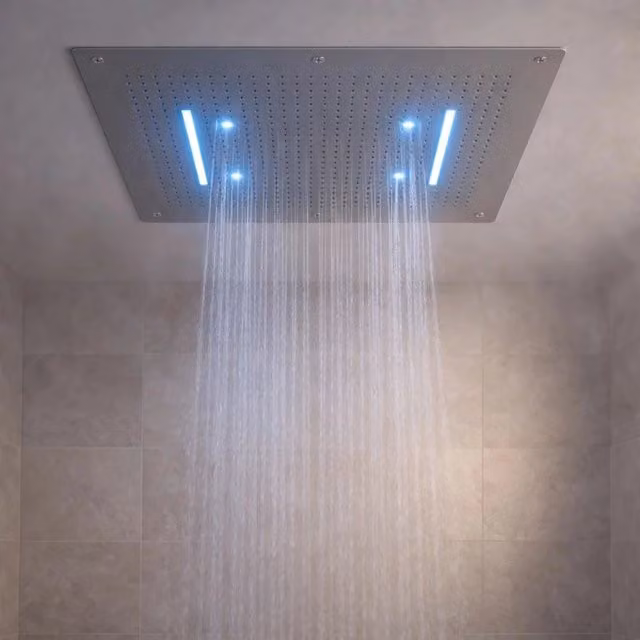 Soffione doccia a incasso a soffitto OGOMONDO con effetto cascata e LED multicolore in acciaio inox spazzolato argento