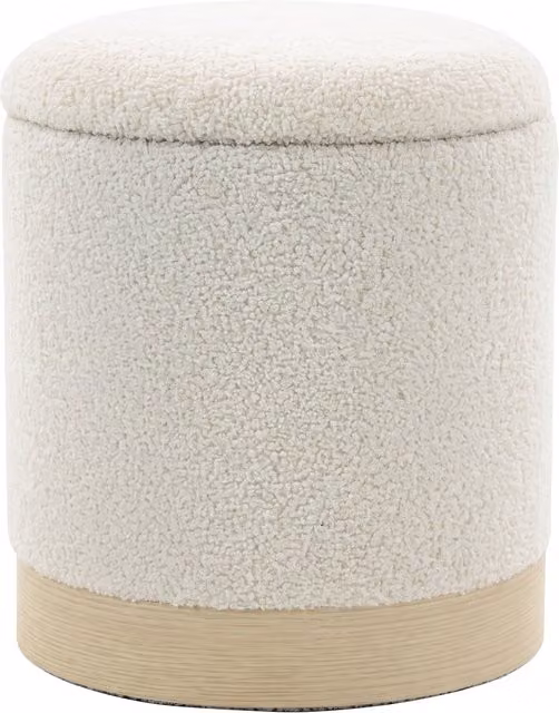 Pouf contenitore rotondo HOMCOM in sherpa color crema con base effetto legno, Diametro: 38 cm