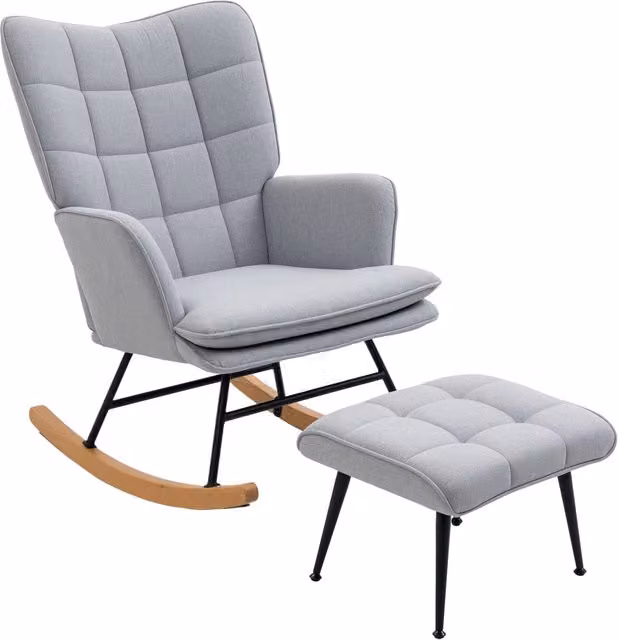 Poltrona Dondolo Minimal con Poggiapiedi Integrato e Braccioli, Grigio Chiaro, Struttura in Legno e Metallo