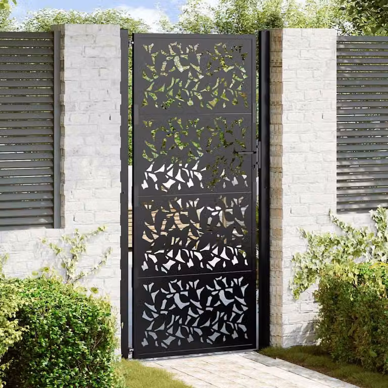 Cancello singolo da giardino vidaXL in acciaio nero con design a foglia L: 110 cm, H: 205 cm