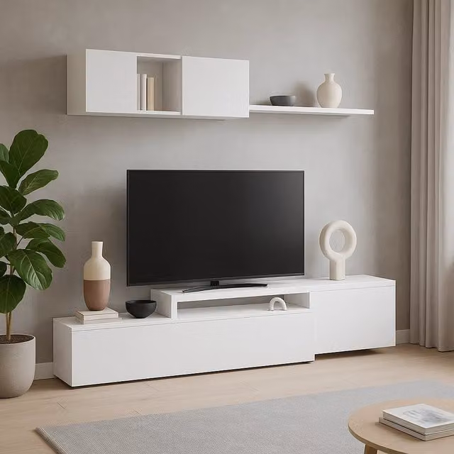 Parete Attrezzata Adelaide per Soggiorno e Sala da Pranere con Mobile TV e Mensola Pensile, Design Moderno Modulare Reversibile, Colore Bianco, L: 201 cm, P: 41 cm, H: 44 cm