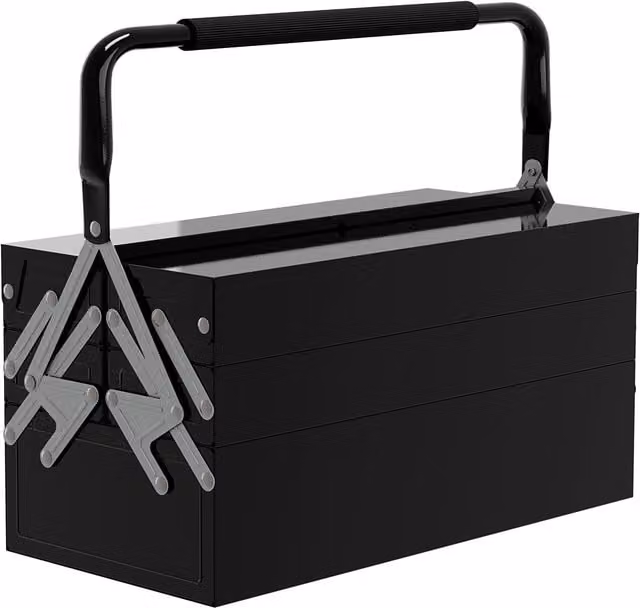 Cassetta degli attrezzi pieghevole in metallo DURHAND con 5 vassoi e manico, colore nero, L 45 cm x P 20 cm x H 34,5 cm