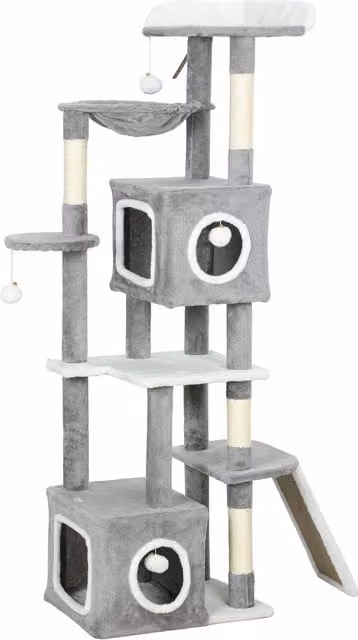 Albero Tiragraffi per Gatti PawHut con 2 Casette, Rampa, Trespoli e 4 Palline, L/P/H: 48 x 40 x 165 cm, Grigio e Bianco