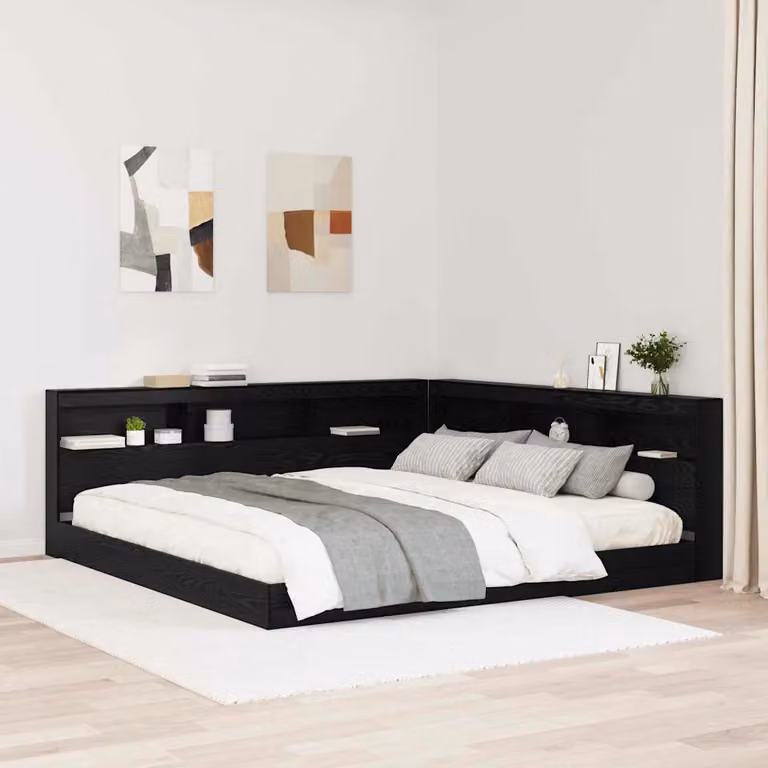 Testata letto con contenitore vidaXL in legno ingegnerizzato e metallo, colore nero, con ripiano integrato e porta di ricarica USB, L/P/H: 217.5 x 76.5 x 19.9 cm