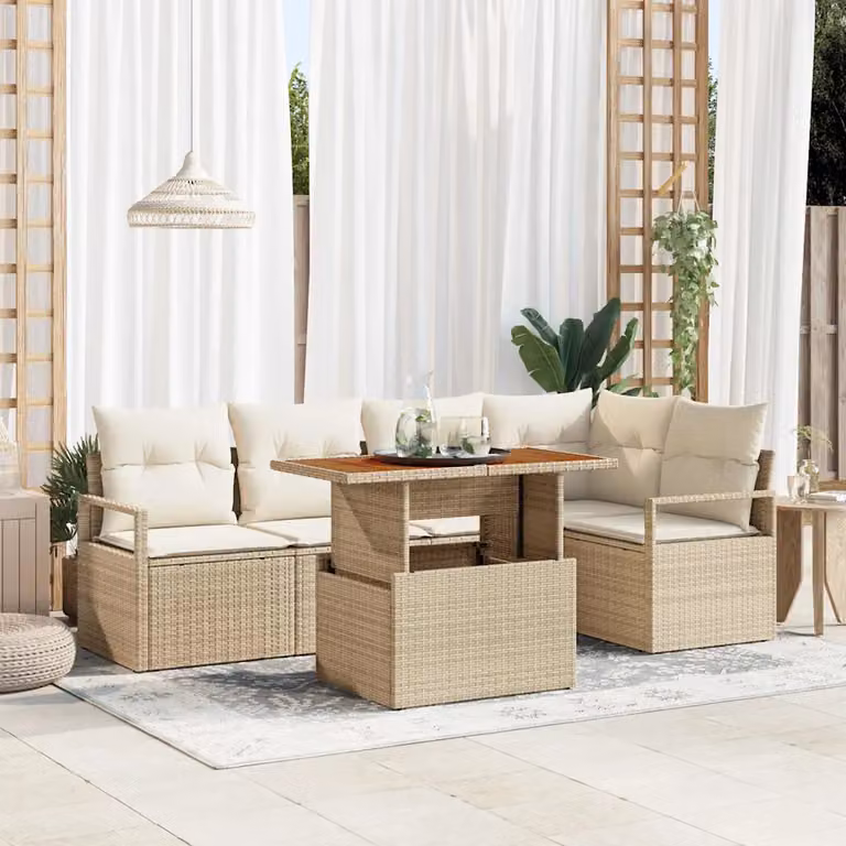 Set da pranzo da giardino vidaXL in rattan e legno con tavolo regolabile, 6 posti, Beige e Bianco