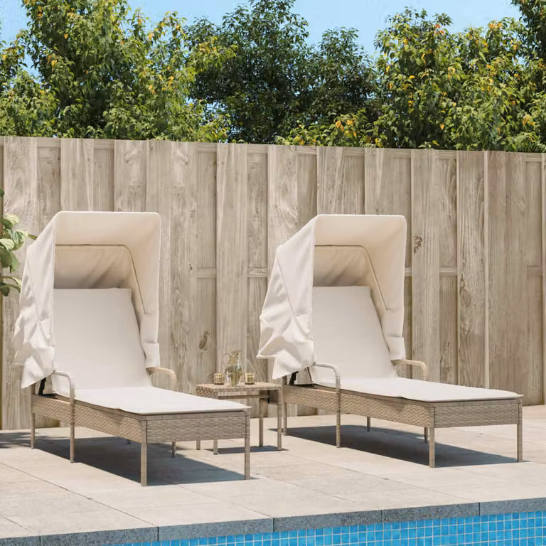 Set di 2 lettini prendisole con baldacchino e tavolino vidaXL in polyrattan beige e bianco