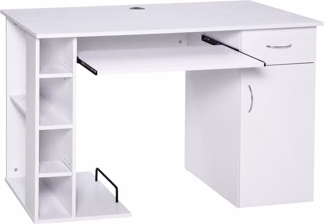 Scrivania per PC ergonomica HOMCOM con mensole, armadietto, cassetto e piano tastiera estraibile, Bianca, L: 120 cm, P: 60 cm, H: 74 cm