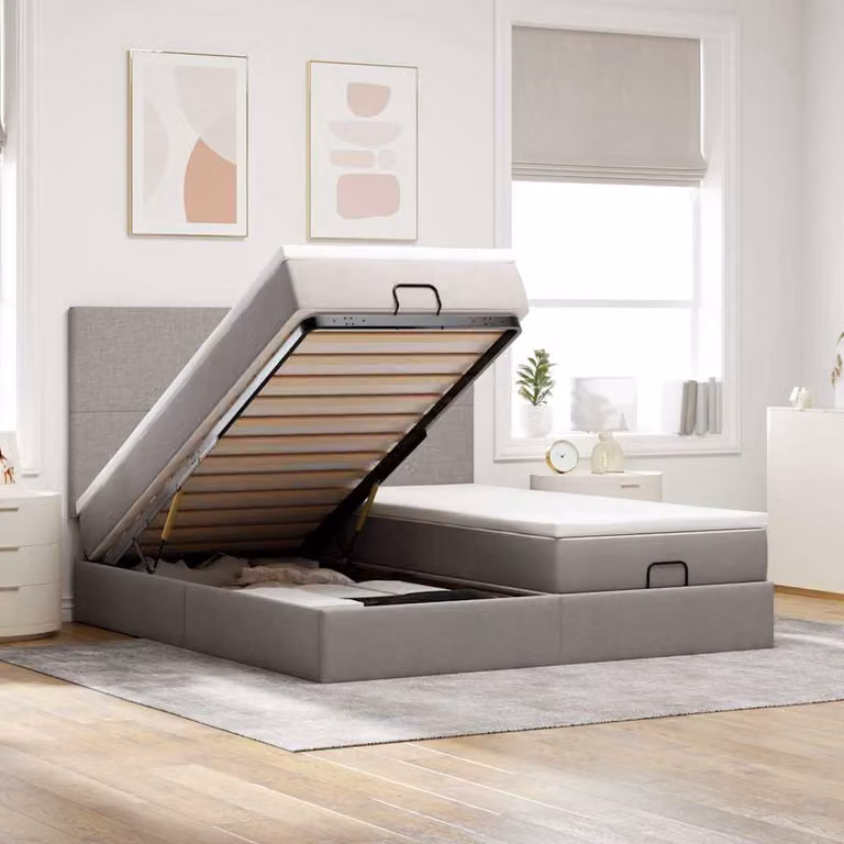 Letto con contenitore a sollevamento vidaXL in tessuto beige, grigio e bianco con porta USB e illuminazione sottostante, L 200 x P 200 x H 280 cm