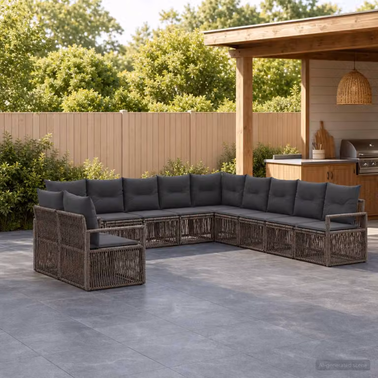 Set Divano da Giardino Moderno vidaXL a Forma a U in Polyrattan Grigio con 11 Pezzi e Cuscini Inclusi