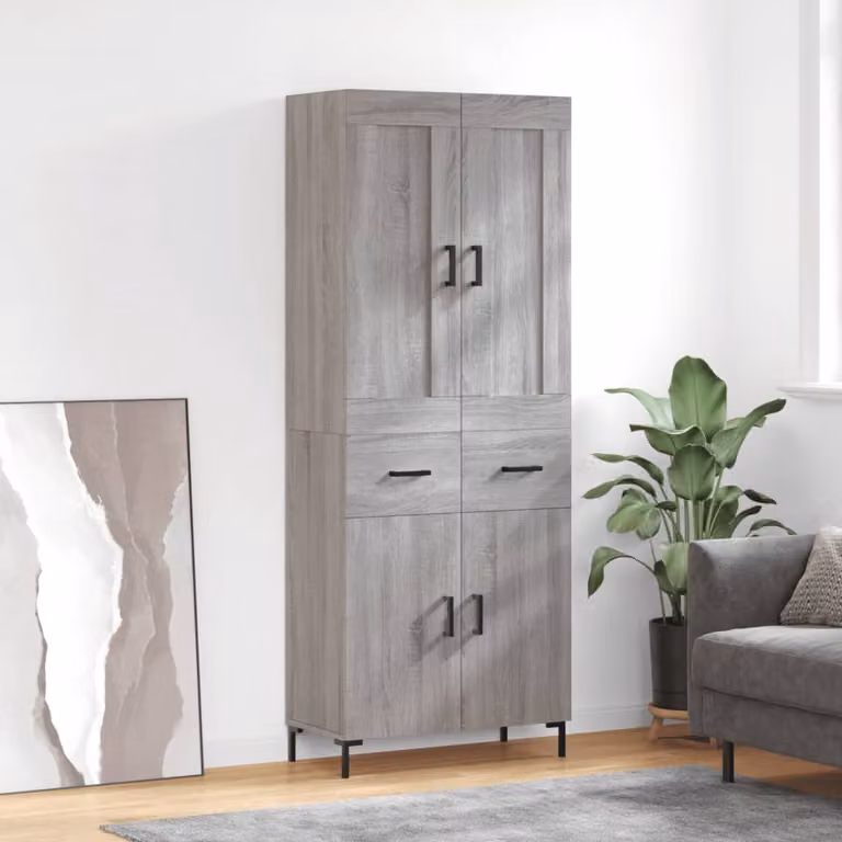 Credenza moderna vidaXL in legno multistrato e metallo, Grigio Sonoma, L: 69,5 cm, P: 34 cm, H: 180 cm