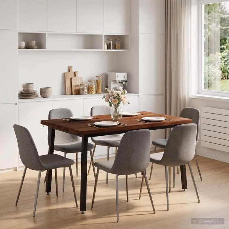 Tavolo da pranzo moderno vidaXL in legno di acacia e metallo, L/P/H: 120 x 70 x 75 cm, Marrone scuro e Nero
