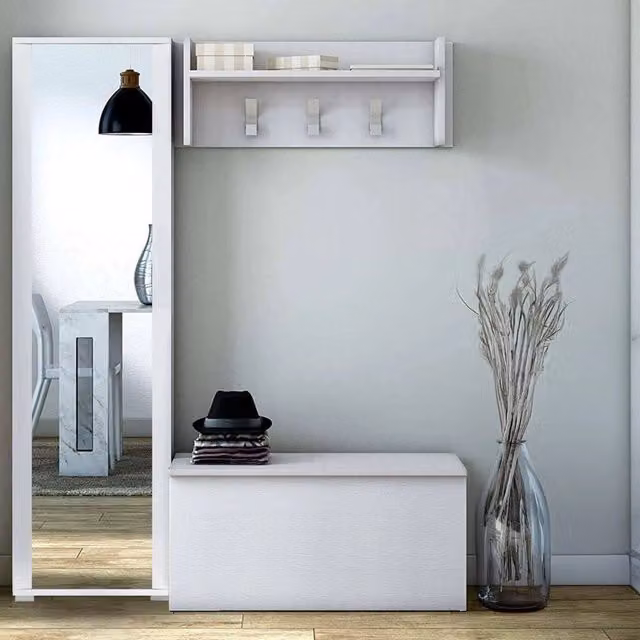 Mobile da ingresso moderno Tanzanite DMORA con specchio, scarpiera e appendiabiti, Bianco, L: 50 cm, P: 32 cm, H: 182 cm